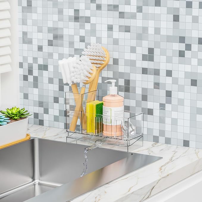 Yieach Clear Kitchen Sponge Holder for Sink,Acrylic Sponge Caddy for Kitchen Sink with Brush Holder,Rustproof Kitchen Sink Organizer for Sponge, Soap Dispenser Storage Accessories and Self Drain Tray