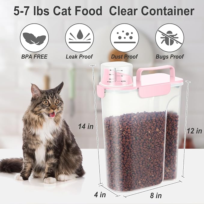 Dog Cat Food Storage Container, Pet Food Pourable Container Airtight with Large Spout & Cup, BPA-Free Plastic Food Dispenser for Pet Food, Bird Seed, Rice, Flour (Pink, 5L)