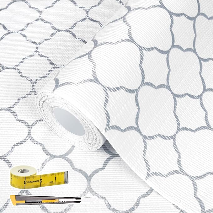 Shelf Drawer Liners for Kitchen Cabinets 23.6 in X 30 Ft Drawer Liner | Non Adhesive Thickened Refrigerator Liner Silver Quatrefoil Strong Non-Slip Paper for Tool Box with Knife and Tape Measure