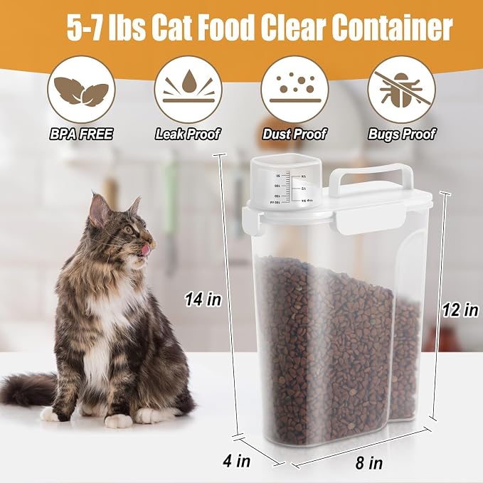 Dog Cat Food Storage Container, Pet Food Pourable Container Airtight with Large Spout & Cup, BPA-Free Plastic Food Dispenser for Pet Food, Bird Seed, Rice, Flour (White, 5L)