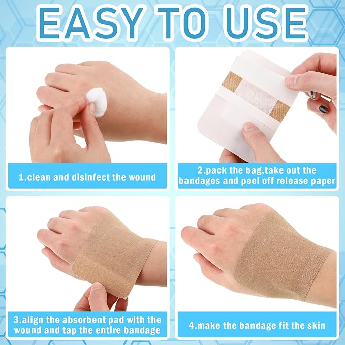 Marsui Large Bandages - Flexible Adhesive Fabric Bandages 3 x 4 Inch - Latex Free - 300 Pcs Assorted Size for First Aid Wound Care