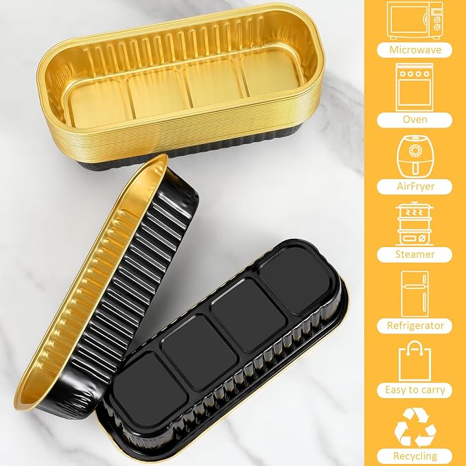 EgticHome Mini Loaf Pans with Lids and Spoons (100 Pack, Black-gold, 6.8oz) Rectangular Aluminum Foil Baking Pans