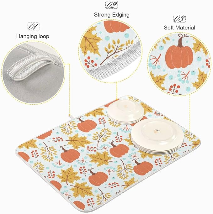 Fall Pumpkin Dish Drying Mat for Kitchen Autumn Maple Leaves Thanksgiving Day Microfiber Drying Mats Absorbent Reversible Dish Pad Medium Dish Draining Mat 16x18 inch