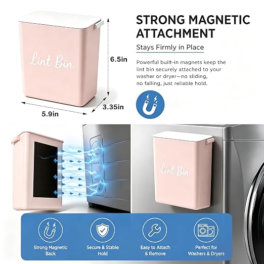 Magnetic Lint Bin with Lid for Laundry Room, Compact Plastic Dryer Lint Holder, Small Laundry Trash Container for Dryer Lint & Used Dryer Sheets, Space Saving Storage Decor Organizer (Pink)