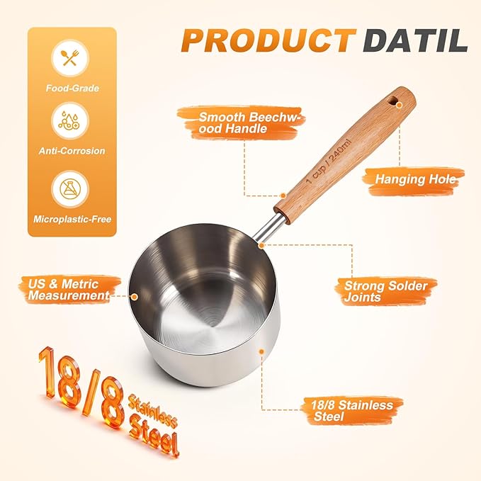 2PCS 1-1/2Cup(360ml | 12oz) Dog Cat Food Scoop, 18/8(304) Stainless Steel Measuring Cup with Wooden Handle, Etched Measurements Inside, BPA Free Portion Control for Pets & Kitchen Use