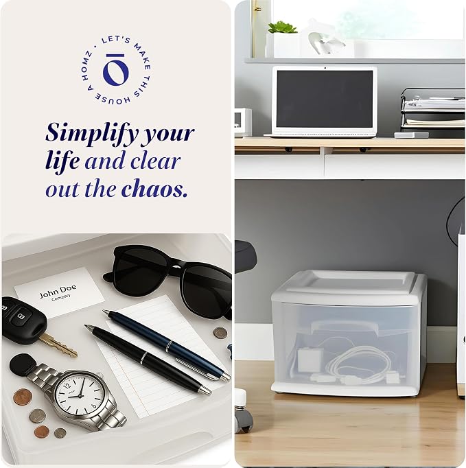 HOMZ 1 Drawer Storage Cart, Medium Plastic Container, White Frame, 2 Pack | 14.25" Wide Medium Tote with 1 Clear Drawer for Organizing Bathrooms, Bedrooms, Home Offices, Closets, and Dorm Rooms