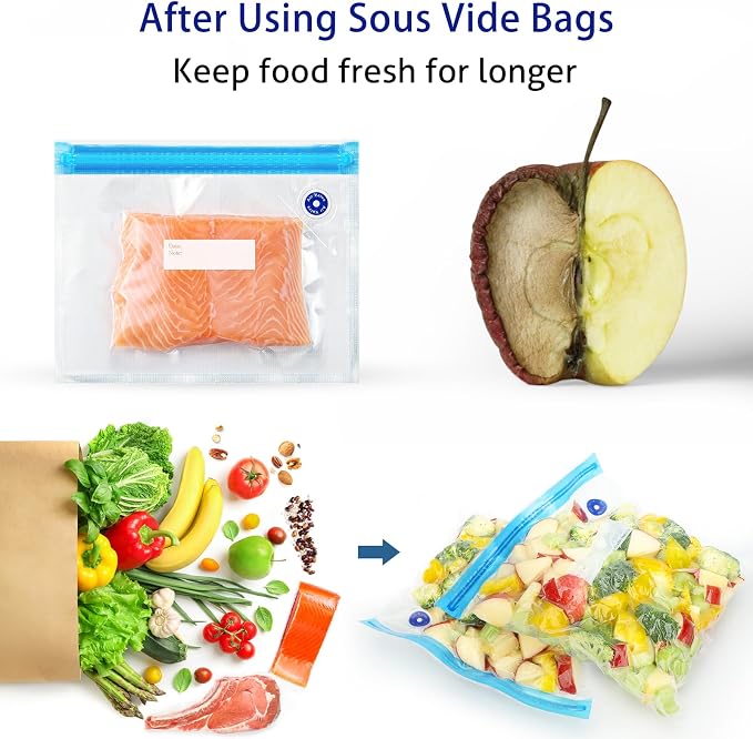 Higfra Reusable BPA Free Vacuum Sealer Bags (8.5 * 8.5in), 31 Pcs (24 Pcs Vacuum Zipper Bag & 2 Seal Clips & 5 Air Valves), Plastic, Clear, Double Zipper Seal, Microwaveable, Food Storage, Cooking