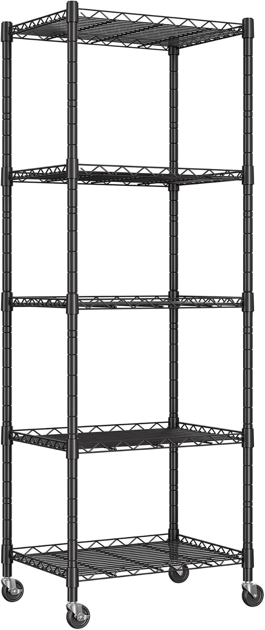 REGILLER 5-Wire Shelving Metal Storage Rack Adjustable Shelves,Standing Storage Shelf Units for Laundry Bathroom Kitchen Pantry Closet(Black,11.8" D x 16.6" W x 53.5" H,With Wheels)