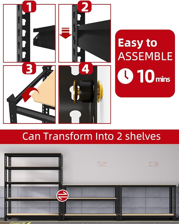PrimeZone 32"W x 16"D x 63" H Storage Shelves - 4 Pack 5 Tier Adjustable Garage Storage Shelving, Heavy Duty Metal Storage Organizer Utility Rack Shelf Unit for Warehouse Pantry Closet Kitchen, Black