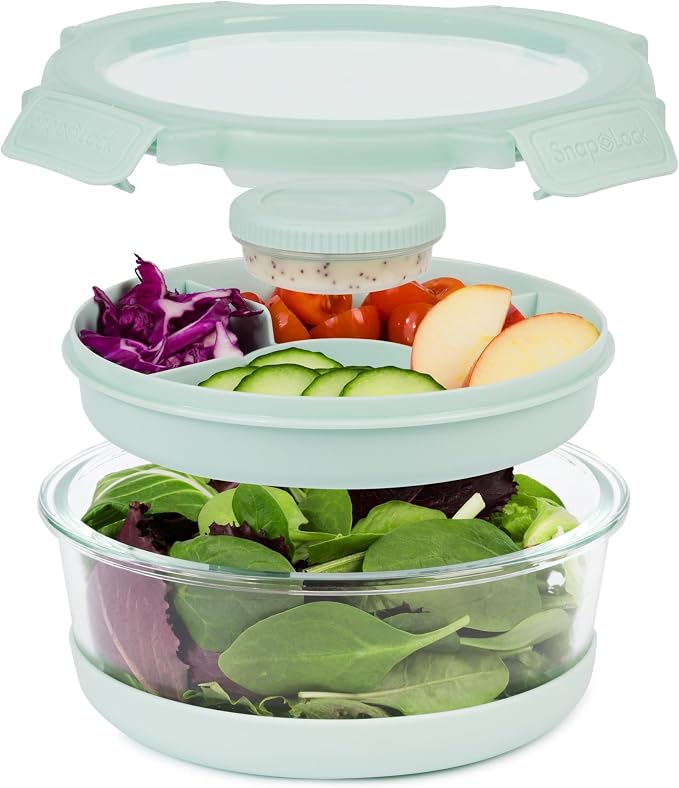 SnapLock Glass Food Storage Salad Container with Divided Upper Tray and Dressing Container, Used for Meal Prep or Lunch On-The-Go, Mint