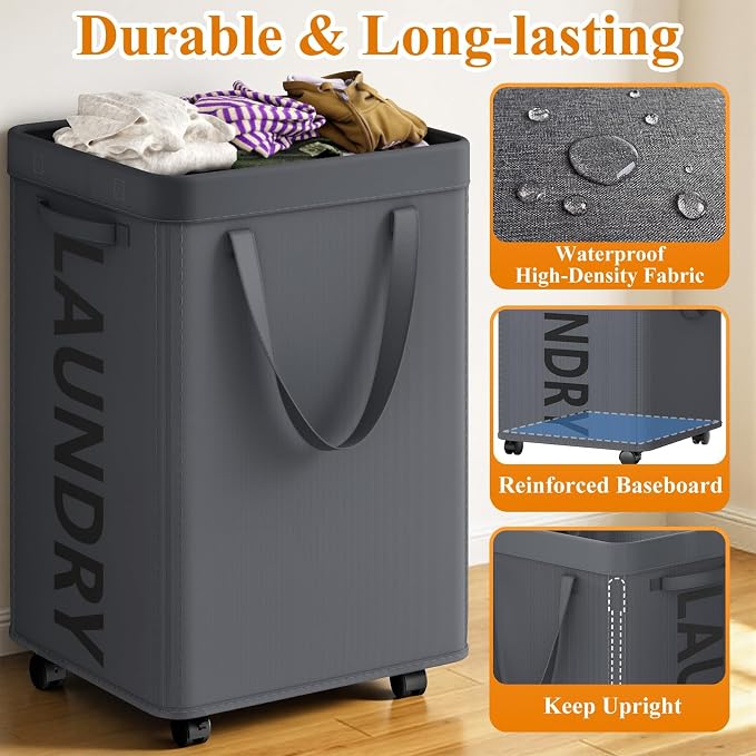 Optish 140L Laundry Hamper with Wheels, Rolling Laundry Basket with Removable Mesh Bag, Extra Large Clothes Hamper on Wheel for Bedroom, Bathroom, Dorm Room Essentials, Grey