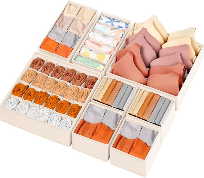 Criusia Drawer Organizer Clothes, 8 Pack Dresser Organizer Bins for Baby Clothes, Underwear Sock, Fabric Closet Organization and Storage Dividers for Nursery Bedroom (48 Compartments, Beige)