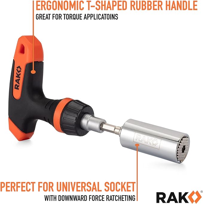 RAK Universal Socket Tool - Birthday Gifts for Men - Set of 15, 1/4-to-3/4-inch Wrench Grip, T-Handle Ratchet Driver, 10 Screwdriver Bits - Gifts for men, Husband, Handyman