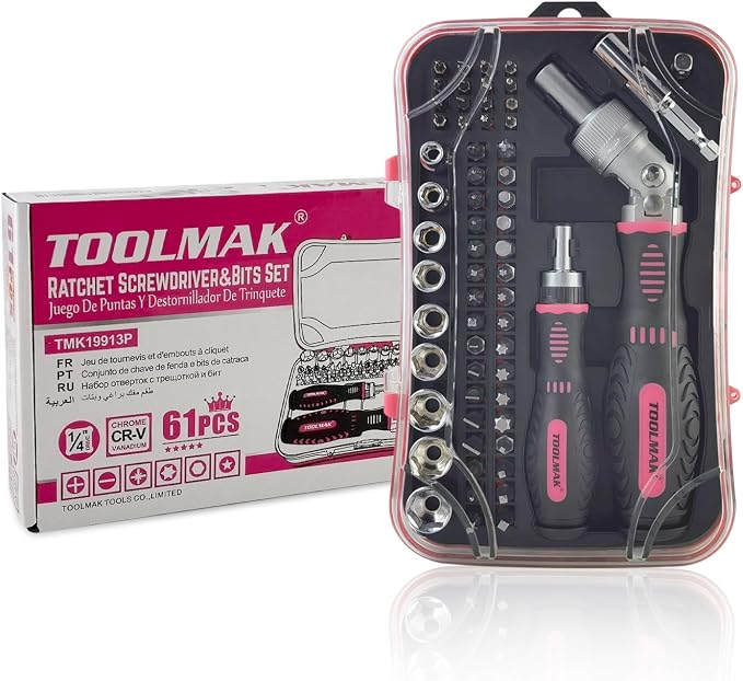 Ratcheting Screwdriver Set, 61pcs Socket & Precision Bit Set | Cr-V Steel, Rotatable Ratchet Handle & Storage Case, Ideal for Bikes, Electronics, Watches & Glasses