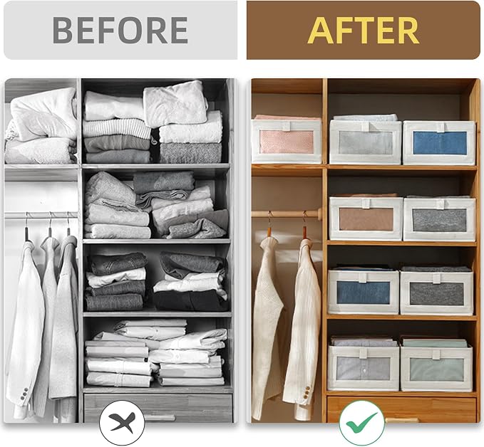 Linen Closet Organizers And Storage, 12 Pack Closet Storage Bins Linen Closet Baskets for Closet Organization Foldable Closet Organizer Bins with Clear Window For Organizing Clothing, Jeans, Shelves
