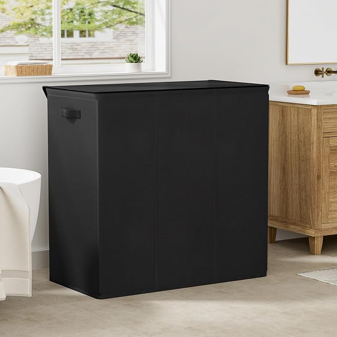 WOWLIVE 180L Laundry Hamper 3 Section, Large Laundry Basket with Lid | Dirty Clothes Hampers with Removable Bags and Handles, Collapsible Laundry Basket Organizer for Dorm Room, College, Black