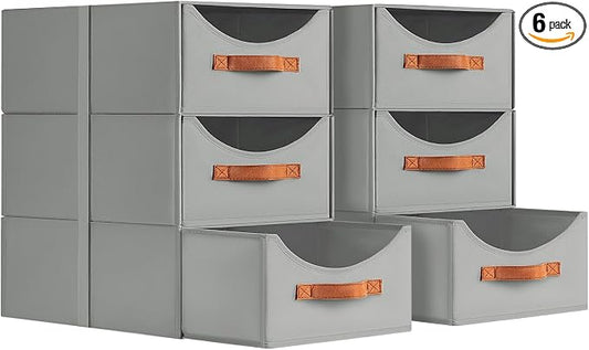 Homsorout Stackable Storage Drawers - Large Collapsible Storage Bins with Drawers, 6 Pack Closet Shelf Organizer Basket, Fabric Pull Out Organizer for Bedroom, Living Room, Dorm, Grey