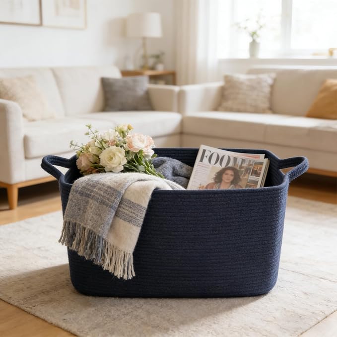 65L Large Laundry Basket with Handles,Woven Blanket Basket,Navy | 21"×16"×12" Collapsible Cotton Rope Storage Basket for Toys Clothes & Pillows, Nursery, Bathroom, Bedroom, Living Room