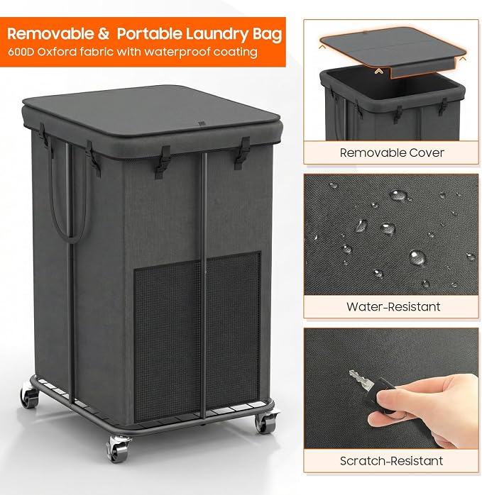 160L Laundry Hamper with Lid & Wheels, Rolling Laundry Basket with Bag | Sturdy Metal Frame | Laundry Bag with Handles| Large & Tall Clothes Hampers for Laundry Room, Bedroom, Dorm, Bathroom-Gray