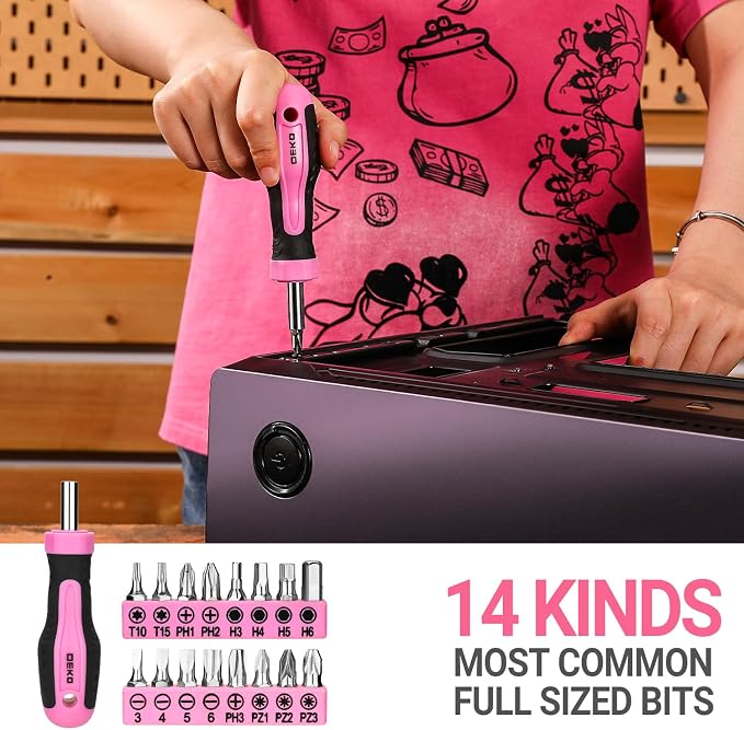 DEKOPRO Tool Set for Women: Pink Tool Set for Home Repair, Womens Tool Kit for All Purpose 42 Piece