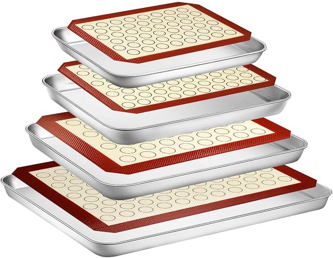 Yododo Baking Sheet with Silicone Mat Set, Set of 8 (4 Sheets + 4 Mats), Stainless Steel Cookie Sheet Baking Pans with Reusable Silicone Baking Mat, Non Toxic & Heavy Duty & Easy Clean