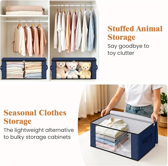 Fab totes 35L Closet Organizers and Storage, Foldable Under Bed Storage Containers, Storage bags for Organizing Bedroom, Closet, Clothing,Organization with Handle (10 Pack,Blue)