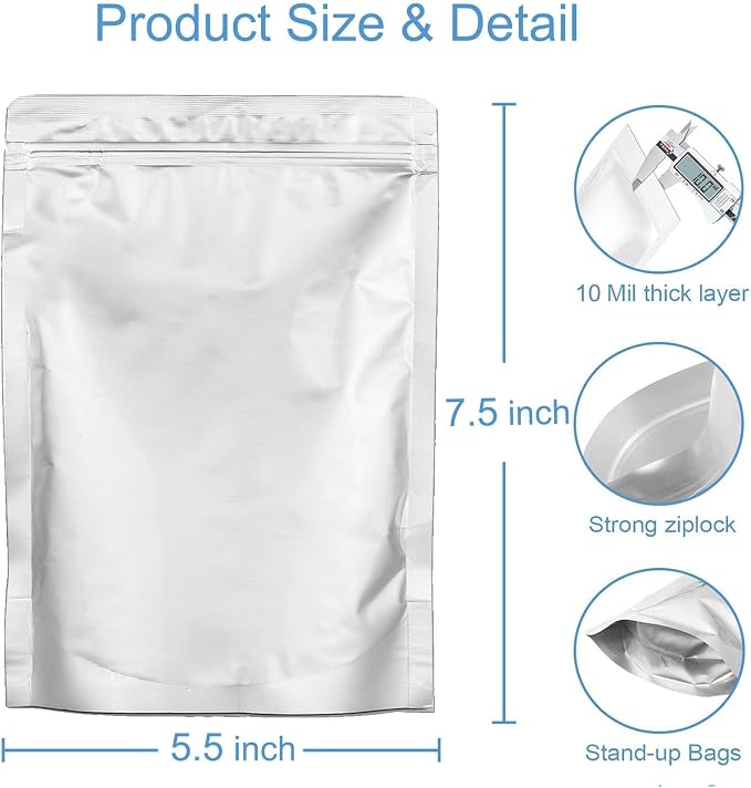 100pcs 1 Pint Mylar Bags - Thick 10 Mil - 5.5"x7.5" Stand Up Zipper Pouches Bags, Resealable and Heat Sealable Vacuum Sealing Bag for Long Term Food Storage