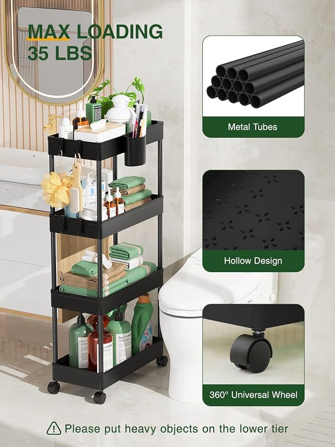 LEHOM Slim Rolling Storage Cart - 4 Tiers Bathroom Organizer Utility Cart | Slide Out Storage Shelves Mobile Shelving Unit for Kitchen, Bedroom, Office, Laundry Room, Small Narrow Spaces (7.1" W+Black)