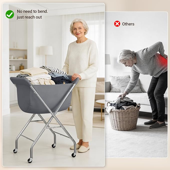 ELYKEN Laundry Basket with Wheels, Collapsible Laundry Hamper, Gray | Removable Liner Bag, Foldable Design, 118L Capacity, Sturdy Metal Frame, 4 Casters, Laundry Cart for Bedroom, Laundry Room