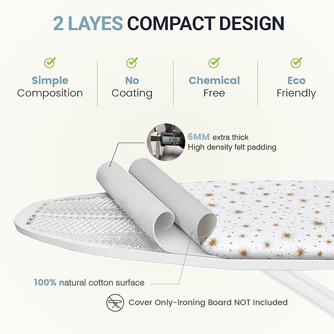 UniSimp Ironing Board Cover and Pad 15"x54" Extra Thick Natural Cotton, Scorch and Stain Resistant Padding, Standard Size Iron Board Cover with Fasteners Heavy Duty Elastic Edge, Heatproof Starlight