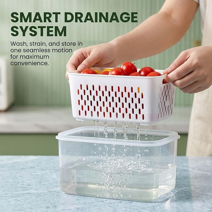 Fruit Storage Containers for Fridge with Removable Colander, Airtight Produce Storage Containers with Lids, Fridge Organizers and Storage for Berry, Fruit, Vegetables, Salad & Meal Prep (Blue, M)