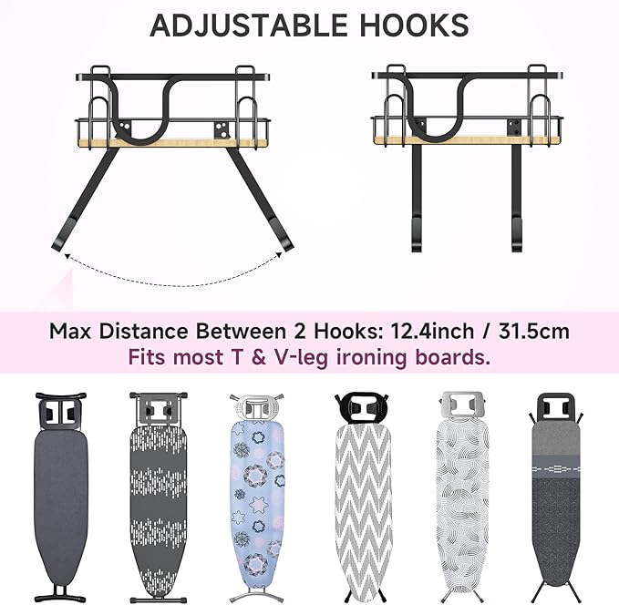 Ironing Board Holder Wall Mount, Ironing Board Hanger, Over The Door Iron Boards Holder for Laundry Room Organization, Iron and Ironing Boards Caddy, Black Irons Hanger with Storage Basket(T&V Shaped)