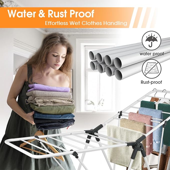 Clothes Drying Rack Foldable Metal Laundry Drying Rack White | with Height-Adjustable Wings, Space Saving, Indoor Outdoor Use, Free-Standing Airer