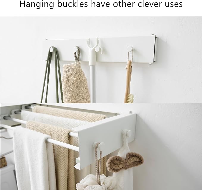 RFOUO Wall Mounted Clothes Drying Rack,White 19.7" with Hooks | Foldable,Space saver Drying Rack for Laundry Balcony Bathroom, 4 Aluminum Rods, 40 lb Capacity