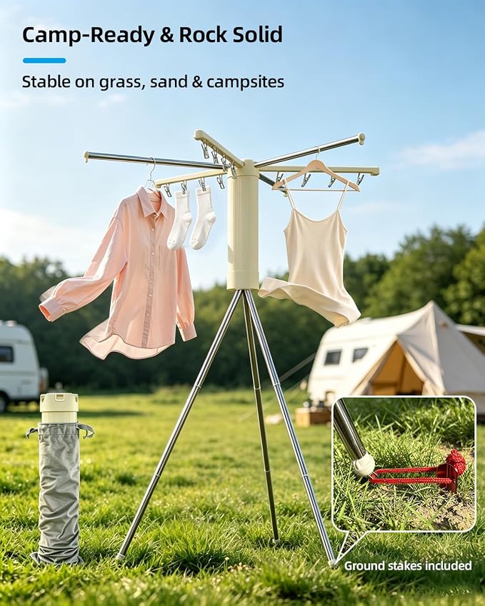 Foldable Tripod Clothes Drying Rack for Travel, Camping with 3 Tent Pegs | Portable Drying Rack Clothing Laundry Drying Rack for Balcony, Hotel, Apartment. Steel Frame with 12 Clips, Windproof