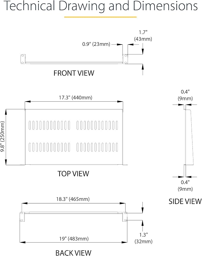 StarTech.com 1U Server Rack Shelf - Vented Rack Mount Cantilever Tray for 19" Network Rack & Cabinet, 44lb/20kg, 10" Deep | Universal 19in fit, Network rack and cabinet, SPCC cold-rolled steel, Perforated airflow, Front-mounted tray