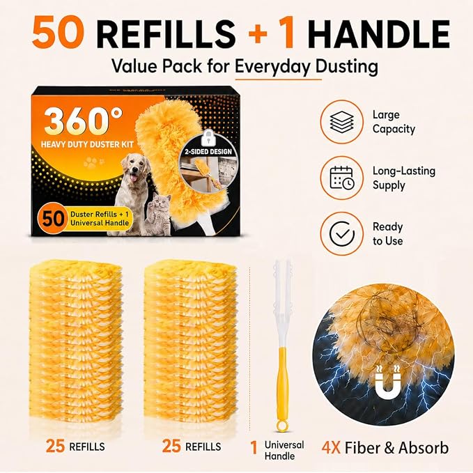 Duster Refills for Swiffer, 50 Pack & 1 Handle, Disposable | 360° Heavy Duty Microfiber | 4X More Fibers | Cleans Blinds, Ceiling Fans & Pet Hair | Fits Most Handles | Multi-Surface