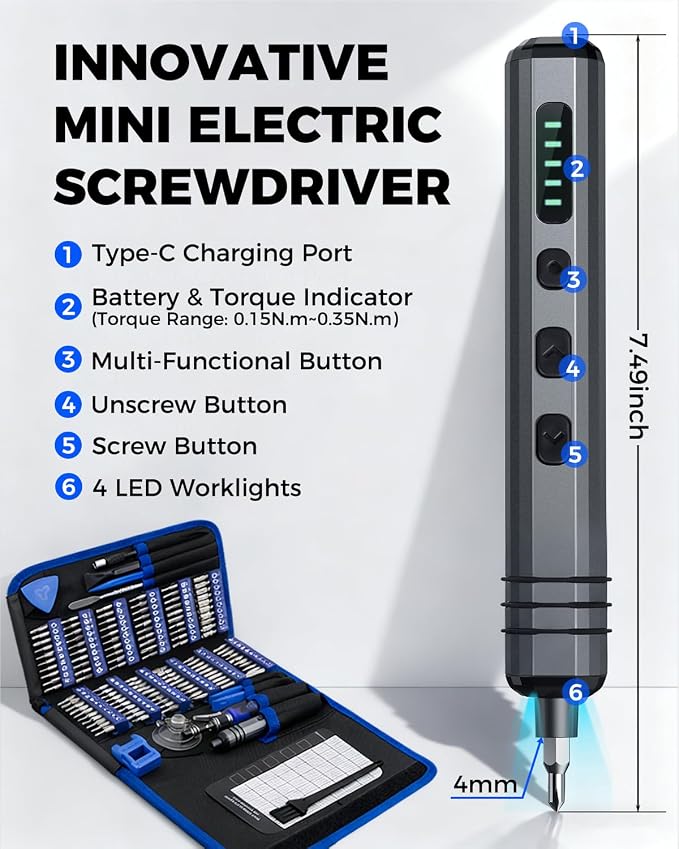Mini Electric Screwdriver Set 140-IN-1: Small Electric Screwdriver Cordless | 120 Precision Bits, 5 Torque Settings, 4 LED Light, Magnetic Power Screwdriver Repair Tool Kit for PC RC Electronics