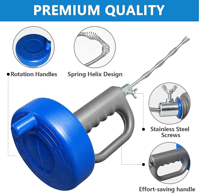 Drain Snake 5Set-33Ft Drain Clog Remover,62inch Heavy Duty Plumbing Snake,20inch Hair Clog Remover,Gloves for Bathtub,Toilet,Sewer,Kitchen Sink,Drainage Pipe(Blue)