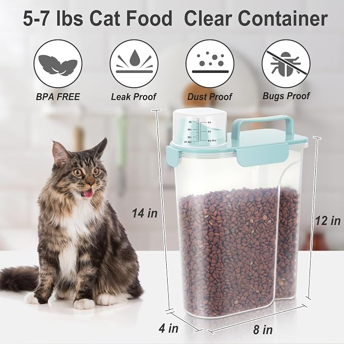 Dog Cat Food Storage Container, Pet Food Pourable Container Airtight with Large Spout & Cup, BPA-Free Plastic Food Dispenser for Pet Food, Bird Seed, Rice, Flour (Light Blue, 5L)