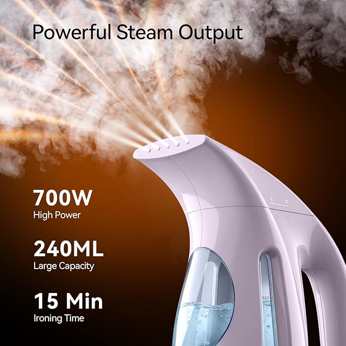 HiLIFE Steamer for Clothes, Portable Handheld Garment Wrinkle Remover, 240ml Big Capacity, 700W, Strong Penetrating Steam, for Home, Office and Travel, ONLY FOR 120V, Pale Lilac