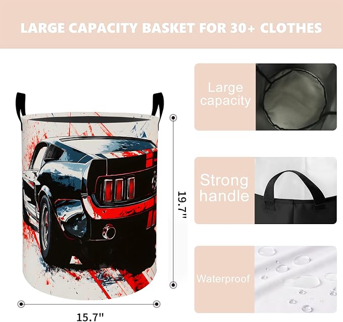 Muscle Car Laundry Basket Hamper 19.7"x15.8", Organizer Bins Gifts for Kids Boys Girls, Classic Sports Car Foldable Waterproof Oxford Clothes Storage Bucket for Bedroom Bathroom Decor