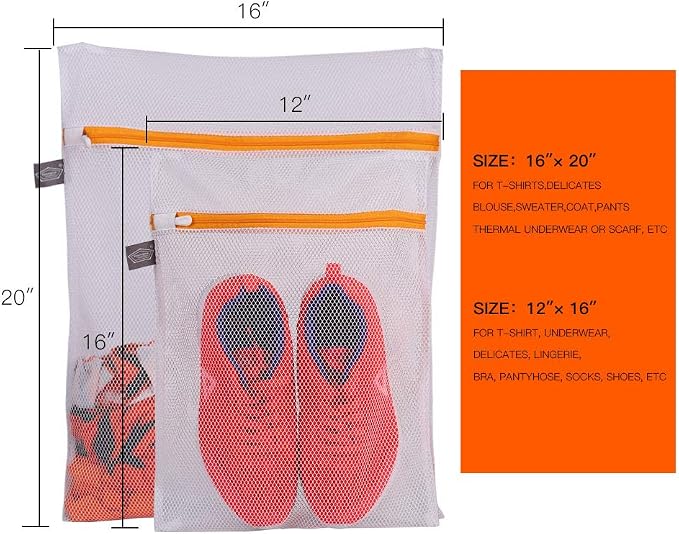 Laundry Bags Mesh Wash Bags, Lingerie Bag for Washing Delicates,M+L | Garment Bag for Washing Machine, For Scarf, Socks, Shirts, Small Toys, Orange Zipper, Tumble Dryer Safe