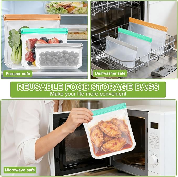 12 Pack Silicone Bags for Food Storage,Reusable Silicone Food Storage Bags,Freezer, Microwave & Dishwasher Safe,Reusable Freezer Food Bags, Leakproof-4 Gallon 4 Snack 4 Sandwich Bags,Grey