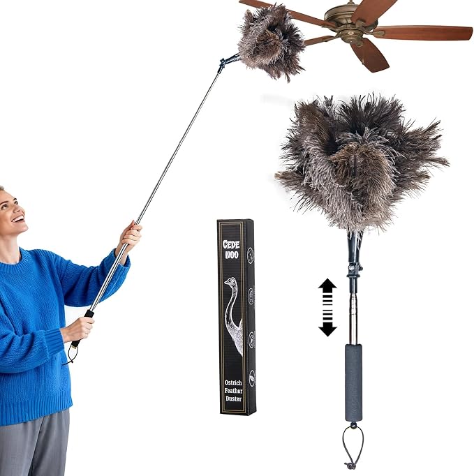 Luxury Black Curved Feather Duster, Extendable Ostrich Feather Cleaning Tool for High Ceilings, Furniture, Blinds, Walls, Soft Fluffy Long Handle Dusting(A13-Black)