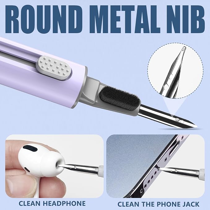 Inesore Multi Cleaning Kit for AirPods & All Bluetooth Earbuds (Purple) | Metal Tip, High-Density Soft Brush, Flocked Sponge Tip, 3 in 1 Design, Compact & Lightweight, Easy Operation, Easy to Carry