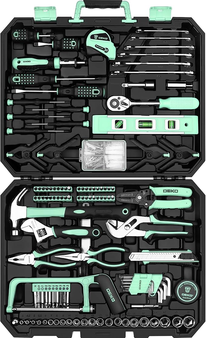 DEKOPRO Tool Set: 228 Piece Home Tool Kit, Household Basic Repair Tool Set Comes with Storage ToolBox, Socket Wrench Set for Car, Hand Tool Box Set for Home - Turquoise