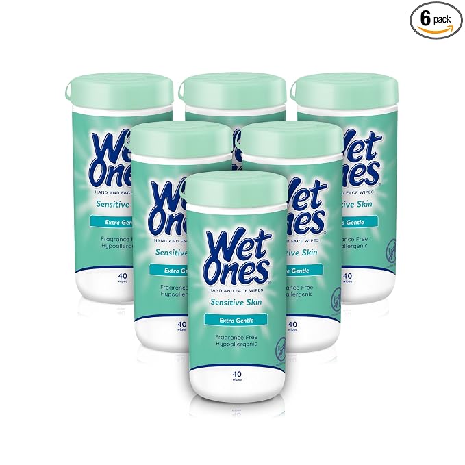 Wet Ones Hand and Face Wipes, Sensitive Skin, Unscented, Hand and Face, 40ct Canister (6 pack)