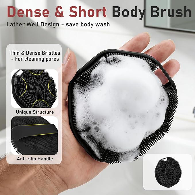 Back Scrubber for Shower 2 Pack, Silicone Body Scrubber with Long Handle, Detachable Body Wash Bath Scrubber Shower Scrub Brush -Dense Bristles Exfoliating & Lather Well for Women Men Black & Grey
