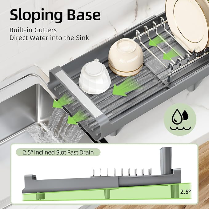 TOOLF Small Dish Drying Rack, Mini Expandable Compact Dish Rack, Slim Extendable Stainless Steel Dish Drainer for Kitchen Plate Storage, Space Saving Dish Strainer in Sink or on Home Countertop, Gray